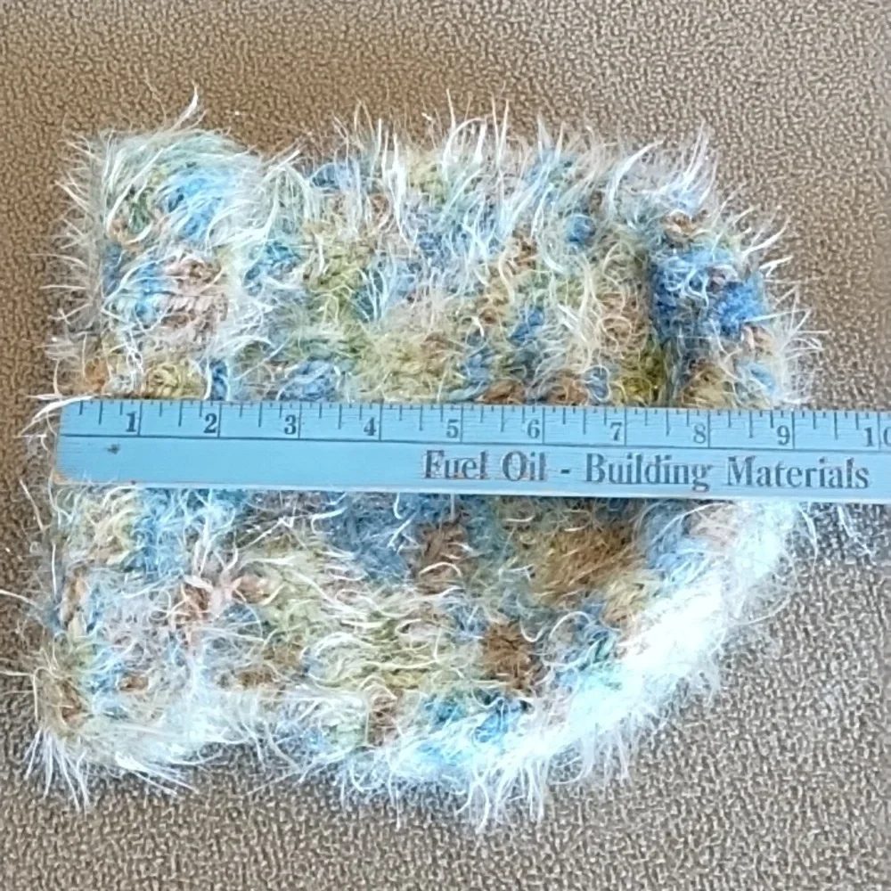 VTG 90s Eyelash Knit Fuzzy Beanie Boho Colorful Winter Hat Blue Green Brown